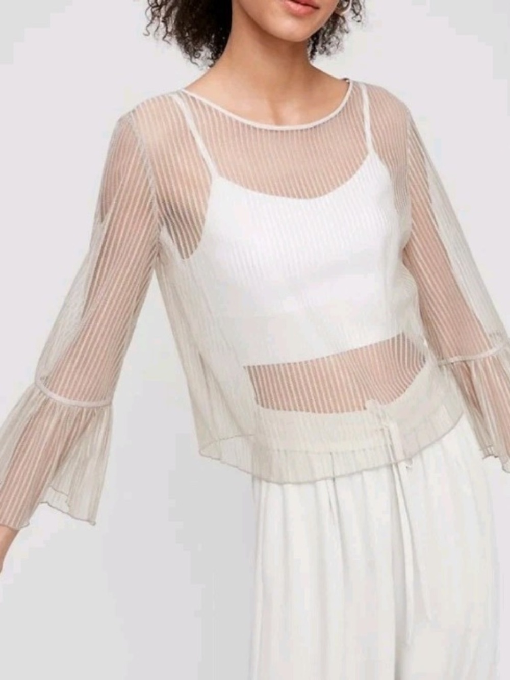 Aritzia Babaton Size S Small White Sheer Mesh Humbert Blouse Top Bell Sleeves